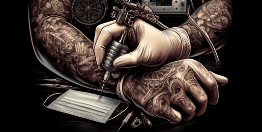 Tattoo artist's gloved hands holding tattoo machine near covered equipment for a safe and sterile work environment
