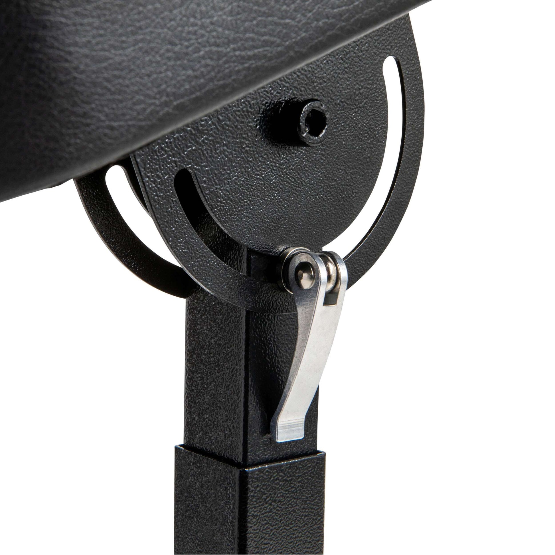 Adjustable tattoo armrest with black vinyl cushion and sturdy metal frame for client comfort.